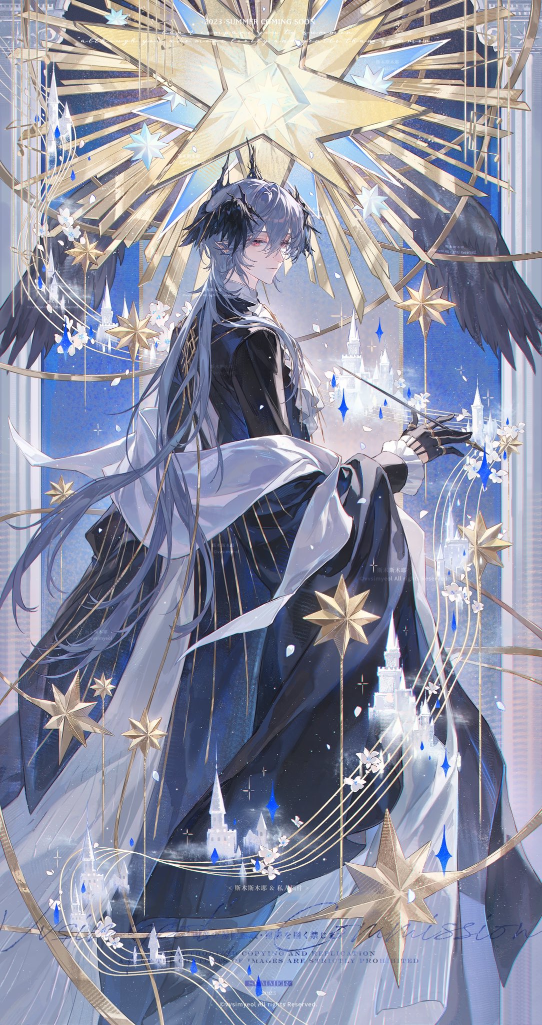 1boy, arknights, ascot, between_fingers, black_gloves, black_robe, black_shirt, castle