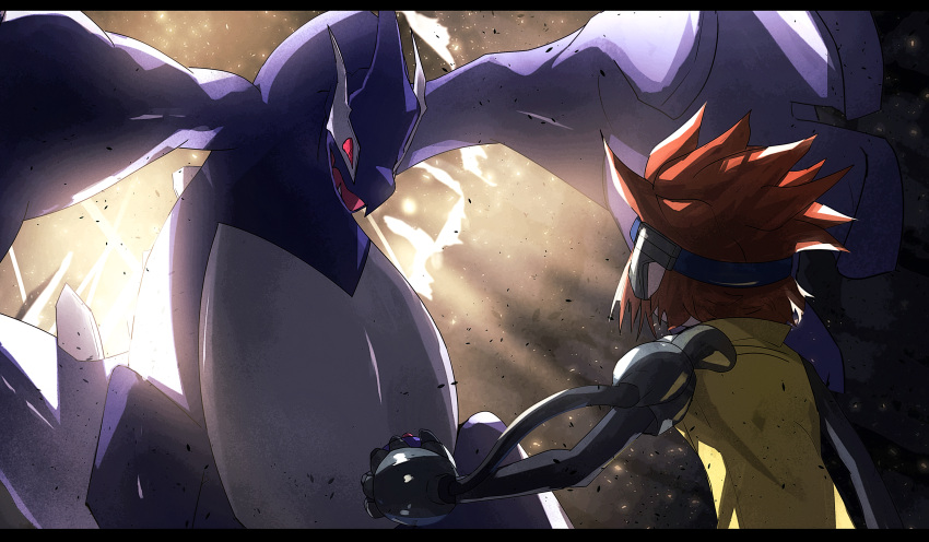 1boy, absurdres, brown_hair, dust, from_behind, highres, holding, holding_poke_ball