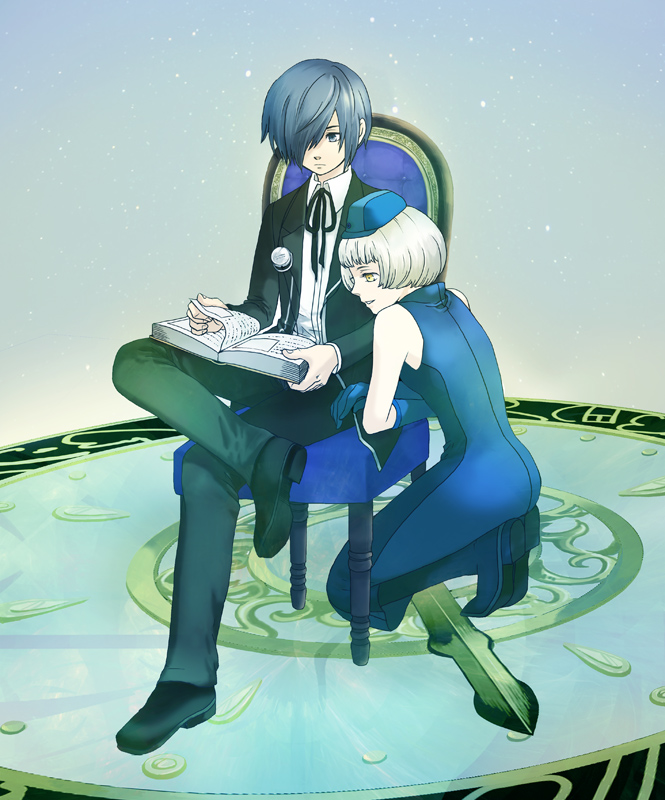 black_legwear, blue_eyes, blue_hair, book, bow, chair, clock, elizabeth