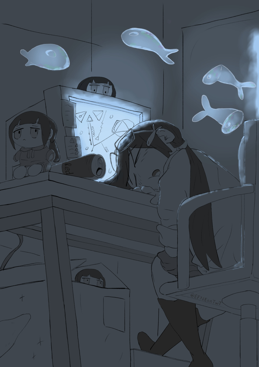 1girl, absurdres, can, chair, character_doll, closed_eyes, drink_can, efne, energy_drink, fish, fish_hair_ornament, fumo_(doll), glasses, greyscale, hair_ornament, head_on_table, highres, indoors, monitor, monochrome, office_chair, open_mouth, shimeji_simulation, sitting, skirt, sleeping, socks, solo, spot_color, swivel_chair, tsukishima_shijima's_sister, twintails