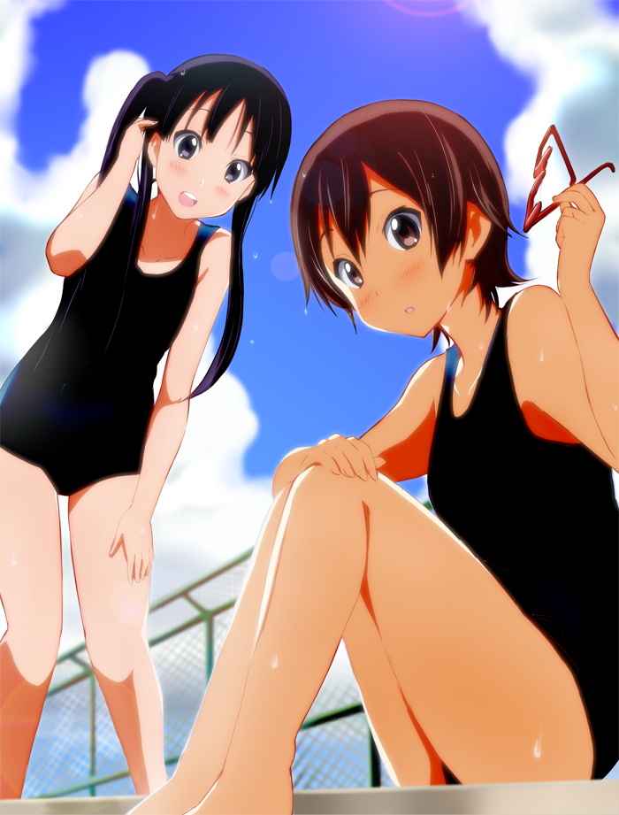 :o, akiyama_mio, bare_legs, bare_shoulders, black_eyes, black_hair, blue_sky, blush, brown_eyes, brown_hair, cloud, clouds, glasses, glasses_in_hand, glasses_removed, hair_tucking, half_rim_glasses, hatasuke, holding, holding_glasses, k-on!, lens_flare, long_hair, manabe_nodoka, multiple_girls, one-piece_swimsuit, pool, poolside, red-framed_glasses, school_swimsuit, semi-rimless_glasses, short_hair, sky, swimsuit, twintails, under-rim_glasses, wet