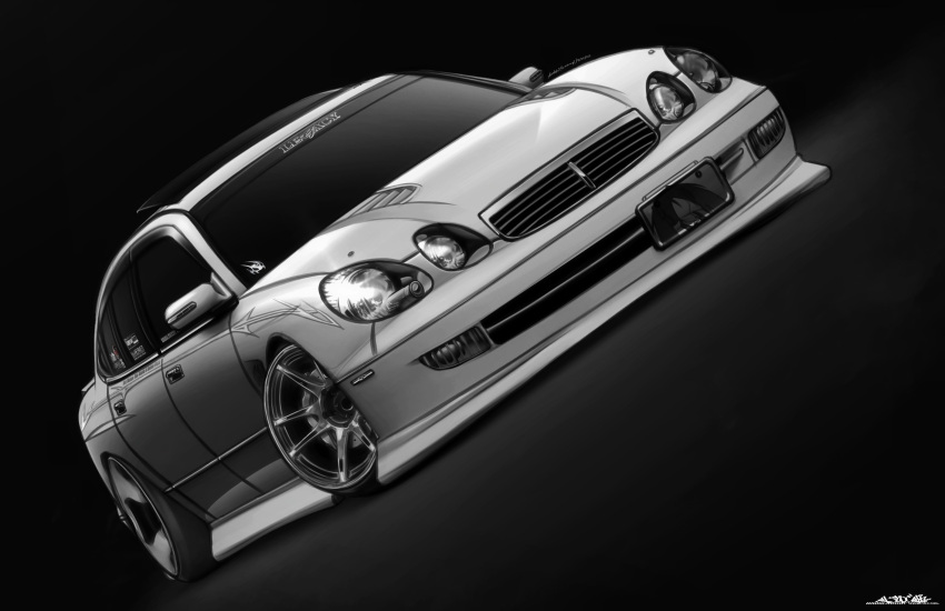 black_background, car, grey_car, greyscale, highres, monochrome, motor_vehicle, no_humans