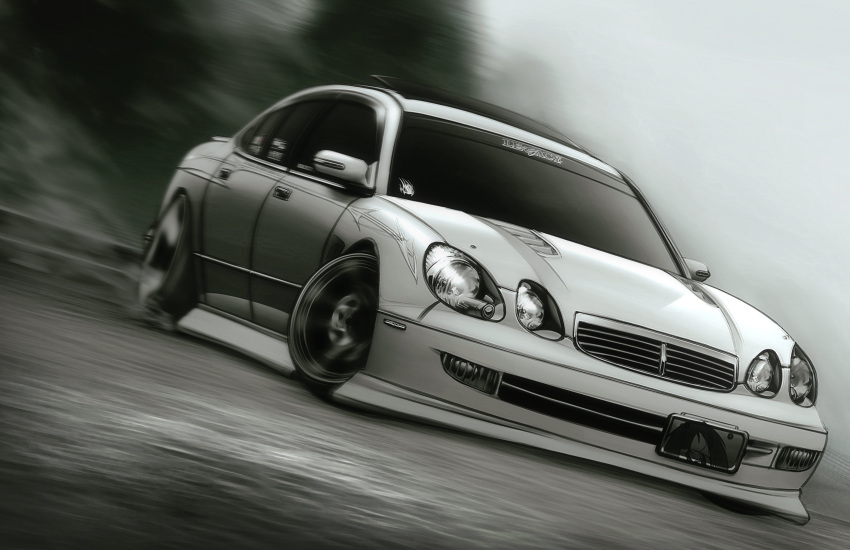 car, drifting, grey_car, greyscale, highres, monochrome, motion_blur, motor_vehicle