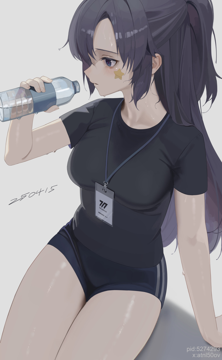 1girl, badge, black_hair, blue_archive, blue_eyes, bottle, breasts, collarbone, drinking, highres, long_hair, medium_breasts, ponytail, shirt, short_shorts, shorts, sitting, sportswear, sweat, t-shirt, ttt_(5274293), very_long_hair, yuuka_(blue_archive)