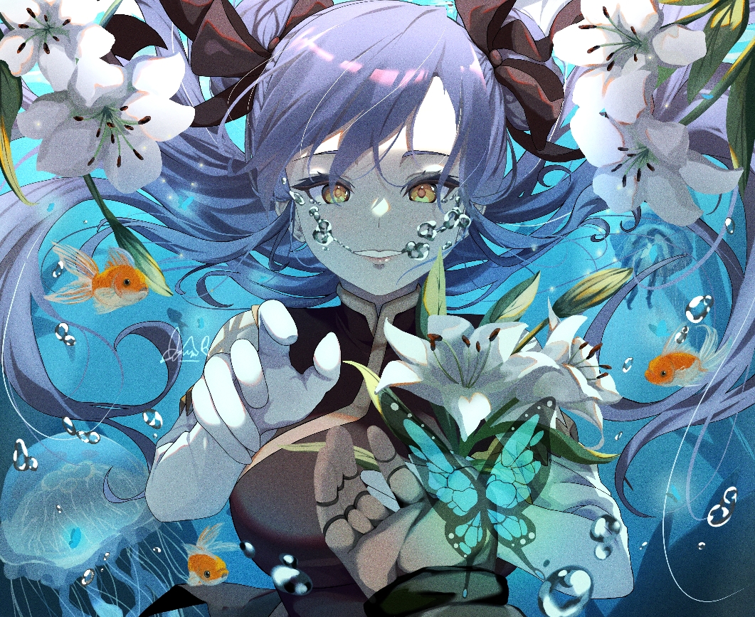 1girl, artist_name, black_bow, blue_hair, bow, breasts, bug, butterfly, china_dress, chinese_clothes, detached_sleeves, dress, fish, flower, glass, large_breasts, leaf, long_hair, solo_focus, tensei_shitara_slime_datta_ken, underwater, user_yvth3437, velgrynd_(tensura), water, white_sleeves, yellow_eyes