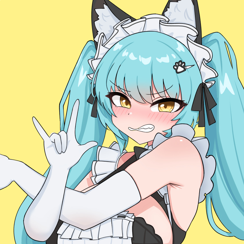 1girl, \m/, absurdres, animal_ears, apron, aqua_hair, blush, bow, bowtie, cat_ears, clenched_teeth, commentary_request, crossed_arms, elbow_gloves, gloves, goddess_of_victory:_nikke, hair_ornament, hair_ribbon, hairclip, hand_up, highres, korean_commentary, long_hair, looking_at_viewer, maid, maid_apron, maid_headdress, paw_hair_ornament, privaty_(nikke), privaty_(unkind_maid)_(nikke), ribbon, simple_background, solo, teeth, tengt_e, tsuki_ni_kawatte_oshioki_yo, tsundere, twintails, white_gloves, yellow_background, yellow_eyes