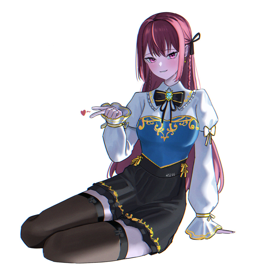 a5235, black_skirt, blue_shirt, brown_thighhighs, dress_shirt, hair_ribbon, highres, jururu