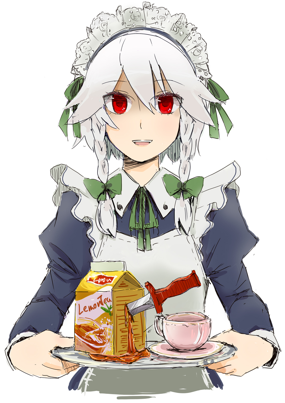 box, braid, cup, face, hands, highres, izayoi_sakuya, knife