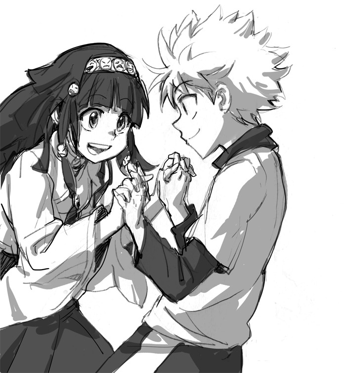 1boy, 1girl, alluka_zoldyck, brother_and_sister, headband, holding_hands, hunter_x_hunter, killua_zoldyck