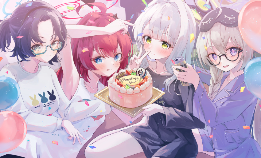 4girls, ahoge, animal_print, balloon, birthday_cake, black_pajamas, black_shirt, blonde_hair