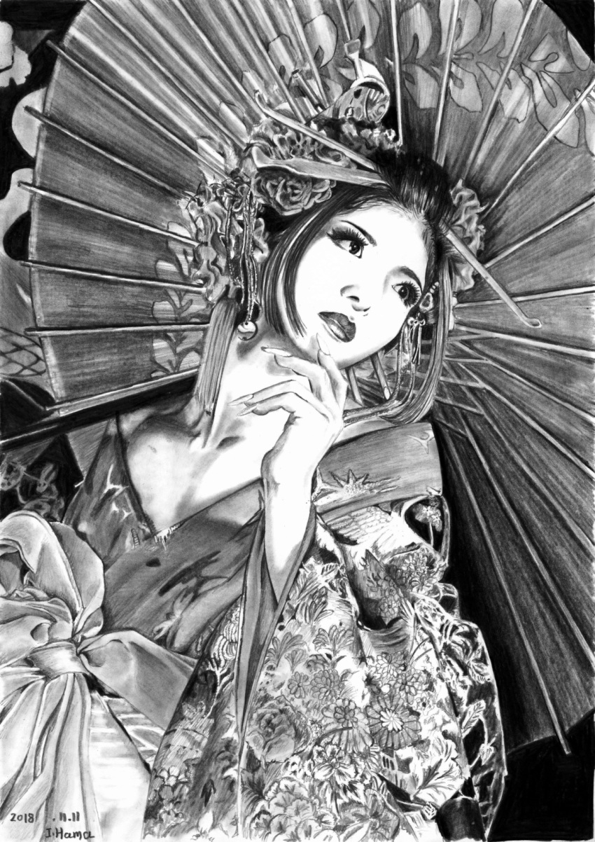 1girl, artist_name, band-maid, dated, floral_print, graphite_(medium), greyscale, hair_ornament