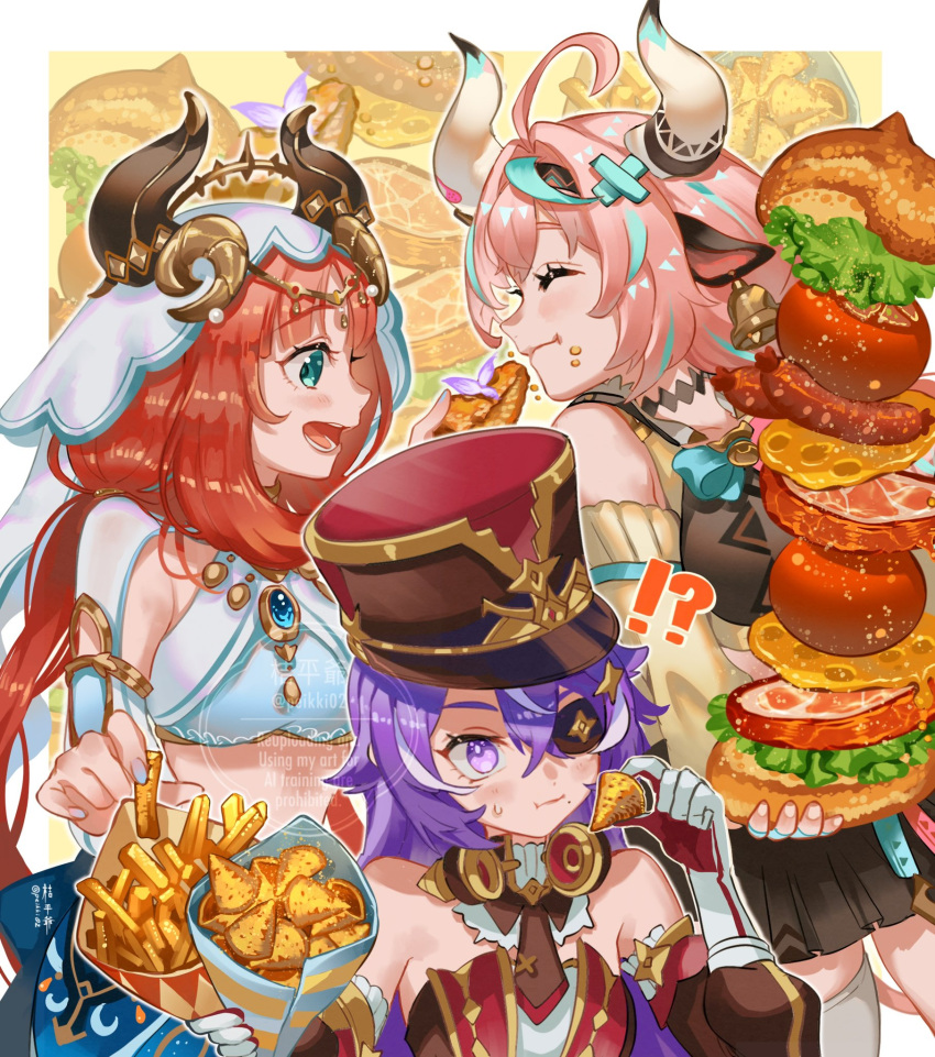 !?, 3girls, :d, :t, ^_^, ahoge, animal_ears, aqua_bow