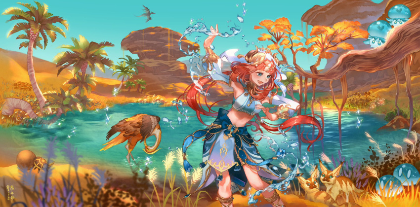 1girl, :d, aqua_eyes, arm_up, artist_name, beetle, bird, blue_bow