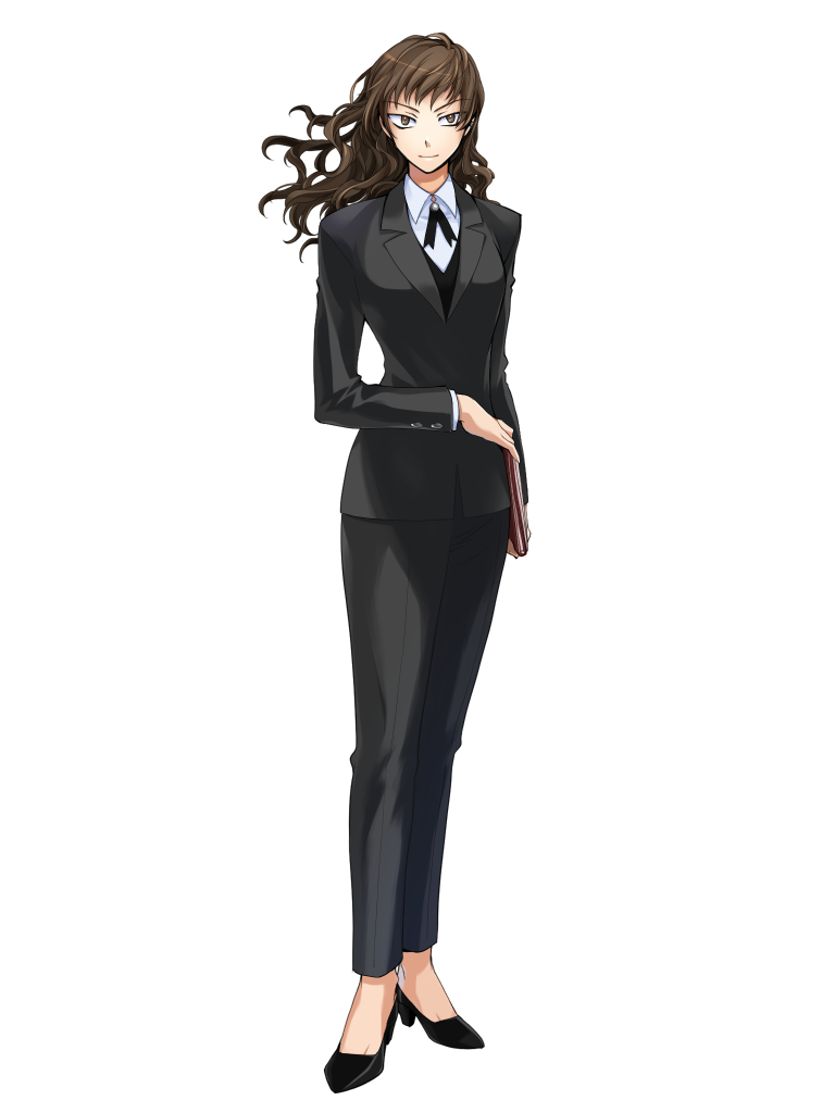 1girl, black_pants, black_shoes, black_suit, black_vest, book, brown_eyes, brown_hair, dairoku_ryouhei, holding, holding_book, ishikawa_yuga, kazumiya_taki, long_hair, looking_at_viewer, pants, serious, shoes, solo, standing, suit, transparent_background, vest, wavy_hair