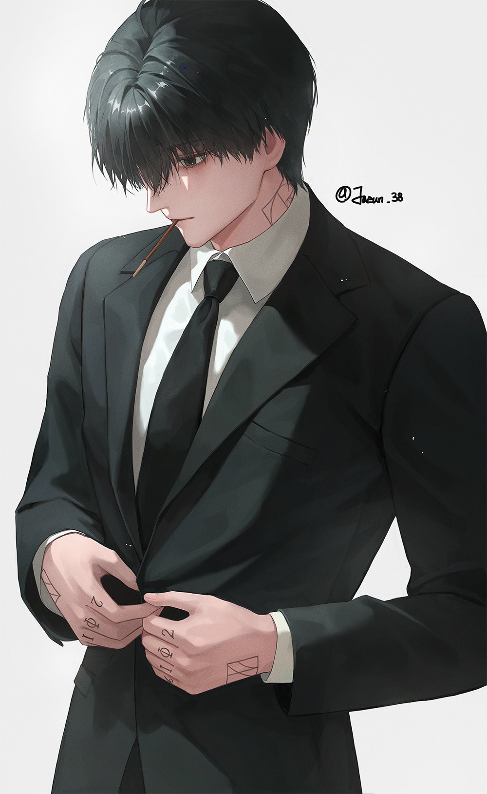 1boy, black_eyes, black_hair, black_jacket, black_necktie, buttoning, collared_shirt, commentary, fibonacci_sequence, finger_tattoo, food, food_in_mouth, hand_tattoo, highres, jacket, jaeun_38, lapels, male_focus, nagumo_(sakamoto_days), neck_tattoo, necktie, notched_lapels, pocky, pocky_in_mouth, sakamoto_days, shirt, short_hair, simple_background, solo, tattoo, twitter_username, upper_body, white_background, white_shirt