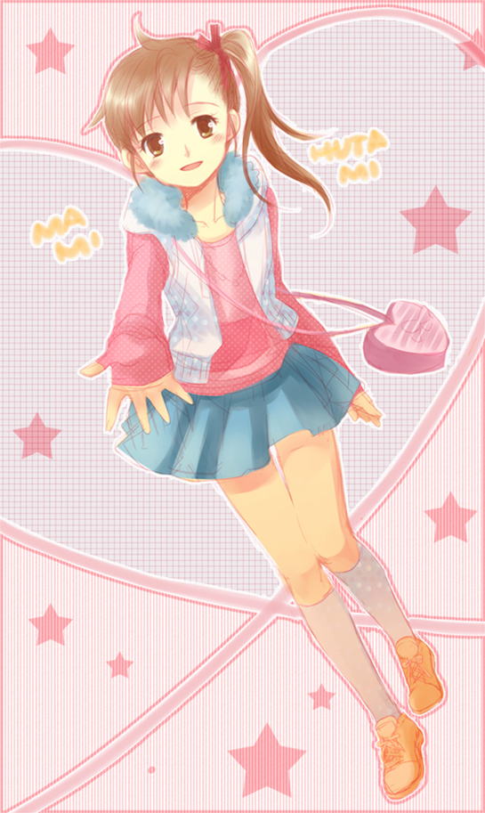 brown_eyes, brown_hair, futami_mami, hoodie, idolmaster, idolmaster_2, long_hair, purse
