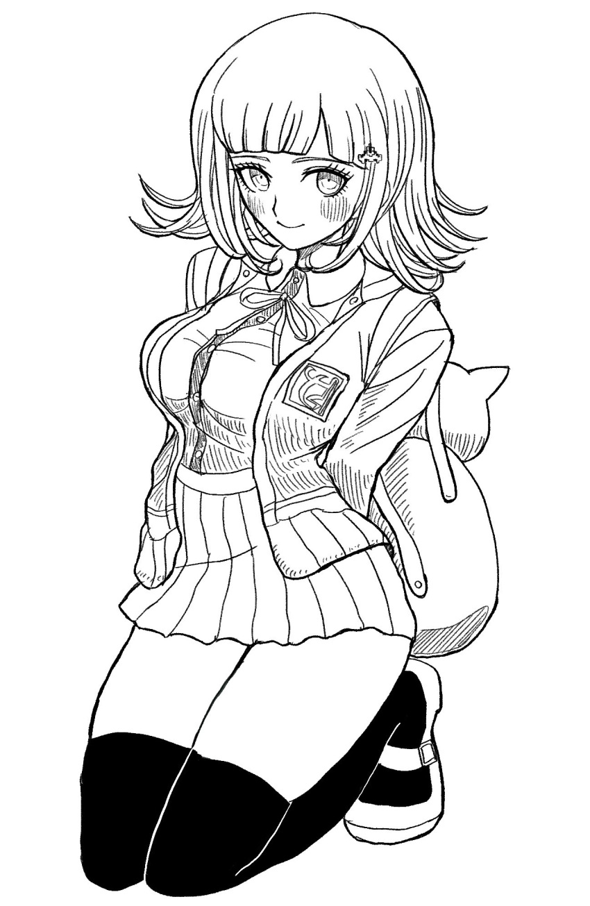 1girl, animal_bag, arms_behind_back, backpack, bag, blush, breasts, cat_bag
