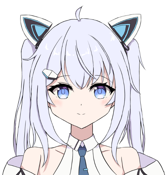 1girl, ahoge, animal_ears, bare_shoulders, blue_eyes, blue_hair, blue_necktie, blush