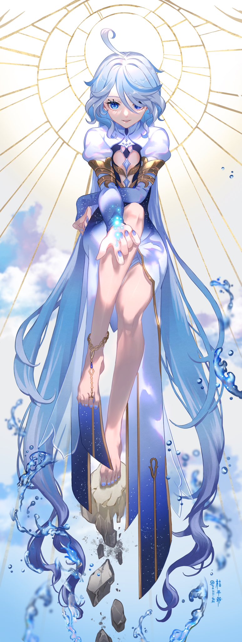 1girl, ahoge, anklet, armlet, artist_name, barefoot, blue_dress, blue_eyes, blue_hair, blue_nails, clothing_cutout, clouds, commentary_request, dress, drop-shaped_pupils, eyelashes, feet, fingernails, floating, floating_rock, focalors_(genshin_impact), genshin_impact, gradient_clothes, gradient_dress, gradient_hair, gradient_sleeves, hair_between_eyes, hair_intakes, heterochromia, highres, jewelry, juliet_sleeves, kippeijii, knee_up, long_hair, long_sleeves, looking_at_viewer, mismatched_pupils, multicolored_hair, nail_polish, outstretched_arm, outstretched_hand, parted_bangs, parted_lips, puffy_sleeves, rock, sky, smile, solo, streaked_hair, swept_bangs, symbol-shaped_pupils, toenail_polish, toenails, toes, twitter_username, very_long_hair, water, water_drop, white_dress, white_hair