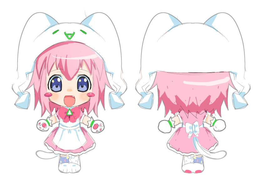 1girl, 2000s_(style), animal_hands, apron, blush_stickers, bow, cat_tail, chibi