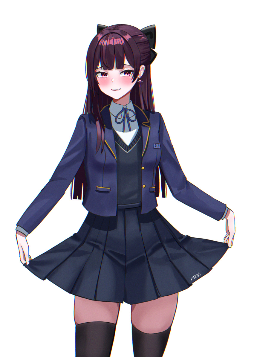a5235, black_bow, black_thighhighs, black_vest, blue_jacket, bow, collared_shirt, earrings