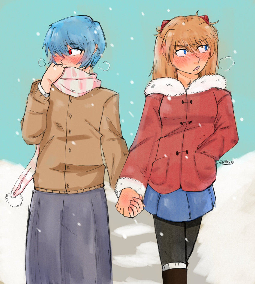 2girls, ayanami_rei, blue_eyes, blue_hair, blue_skirt, blush, bob_cut, breath, brown_cardigan, brown_sweater, cardigan, coat, embarrassed, fur_trim, grey_skirt, hand_in_pocket, highres, holding_hands, interface_headset_(evangelion), jwrry01, multiple_girls, neon_genesis_evangelion, pantyhose, pleated_skirt, red_coat, red_eyes, red_hair, scarf, skirt, snow, snowing, souryuu_asuka_langley, sweater, winter, winter_clothes, winter_coat, yuri