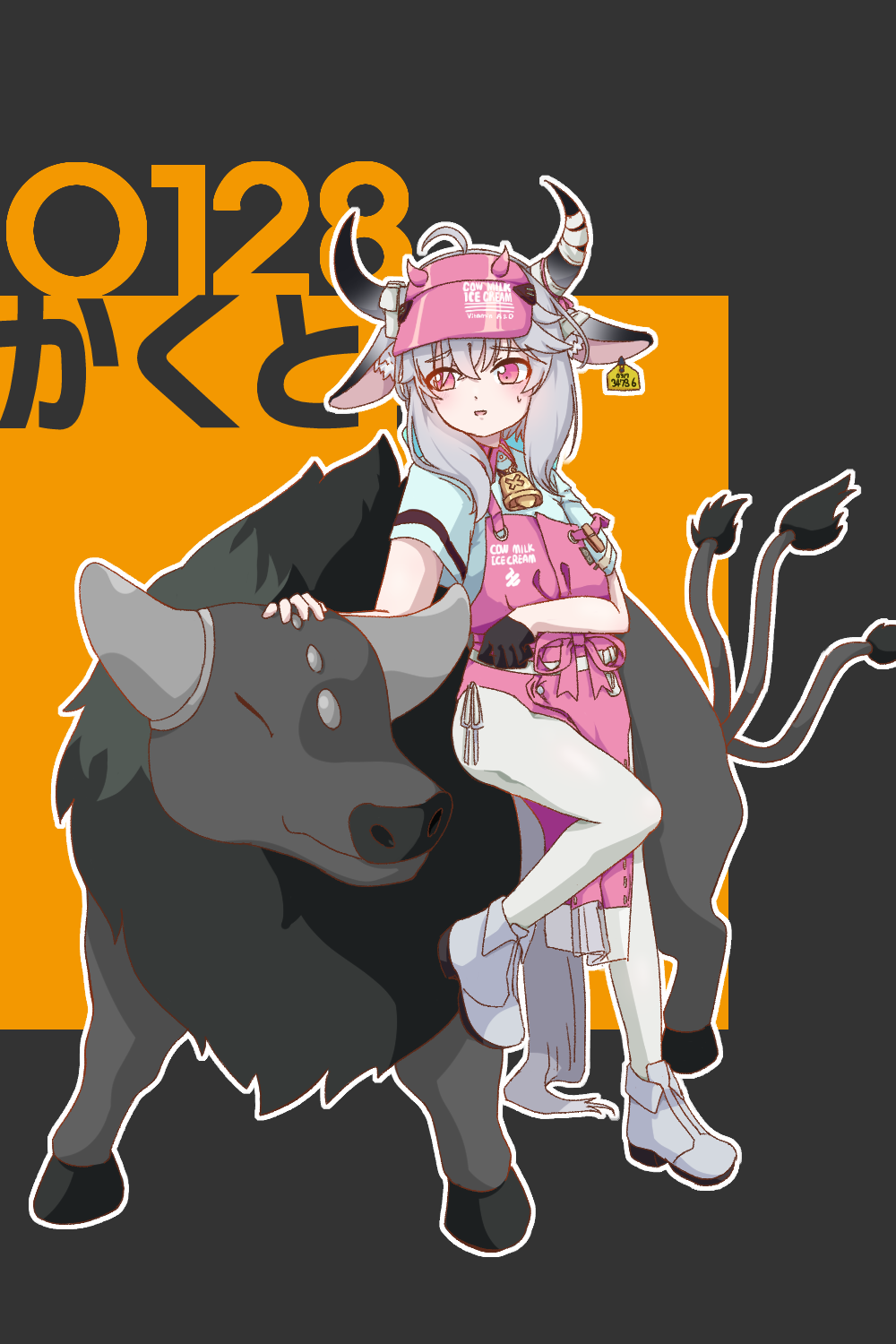1girl, animal_ears, apron, bell, black_gloves, blue_shirt, chinese_zodiac, cow, cow_ears, cow_girl, cow_horns, cow_tail, cowbell, dasima_a, ear_tag, full_body, gloves, grey_hair, highres, horns, long_hair, neck_bell, paldean_tauros, pants, pantyhose, pink_apron, pink_eyes, shirt, shoes, short_sleeves, solo, tail, uyoo_(vrchat), vrchat, white_pantyhose, white_shoes, year_of_the_ox