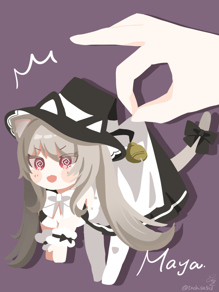 1girl, 1other, :d, @_@, ^^^, absurdres, animal_ears, apron, bell, black_bow, black_dress, blush, blush_stickers, bow, bowtie, brown_hair, cat_ears, cat_girl, cat_tail, character_name, chibi, dress, ears_through_headwear, fang, fangs, grey_hair, hat, highres, jingle_bell, long_hair, maid, maid_apron, maya_(vrchat), mini_person, minigirl, open_mouth, out_of_frame, pantyhose, purple_background, red_eyes, shadow, signature, simple_background, smile, solo_focus, tail, tail_bow, tail_ornament, tochisa_(tochisa513), twintails, twitter_username, v-shaped_eyebrows, very_long_hair, vrchat, white_apron, white_bow, white_bowtie, white_pantyhose, witch_hat, wrist_cuffs
