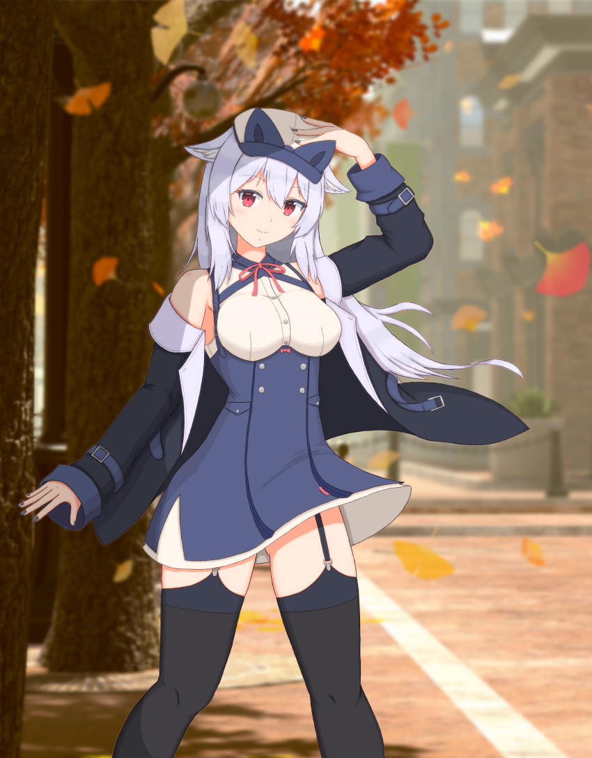 1girl, absurdres, animal_ears, arm_up, autumn, autumn_leaves, bare_shoulders, black_jacket