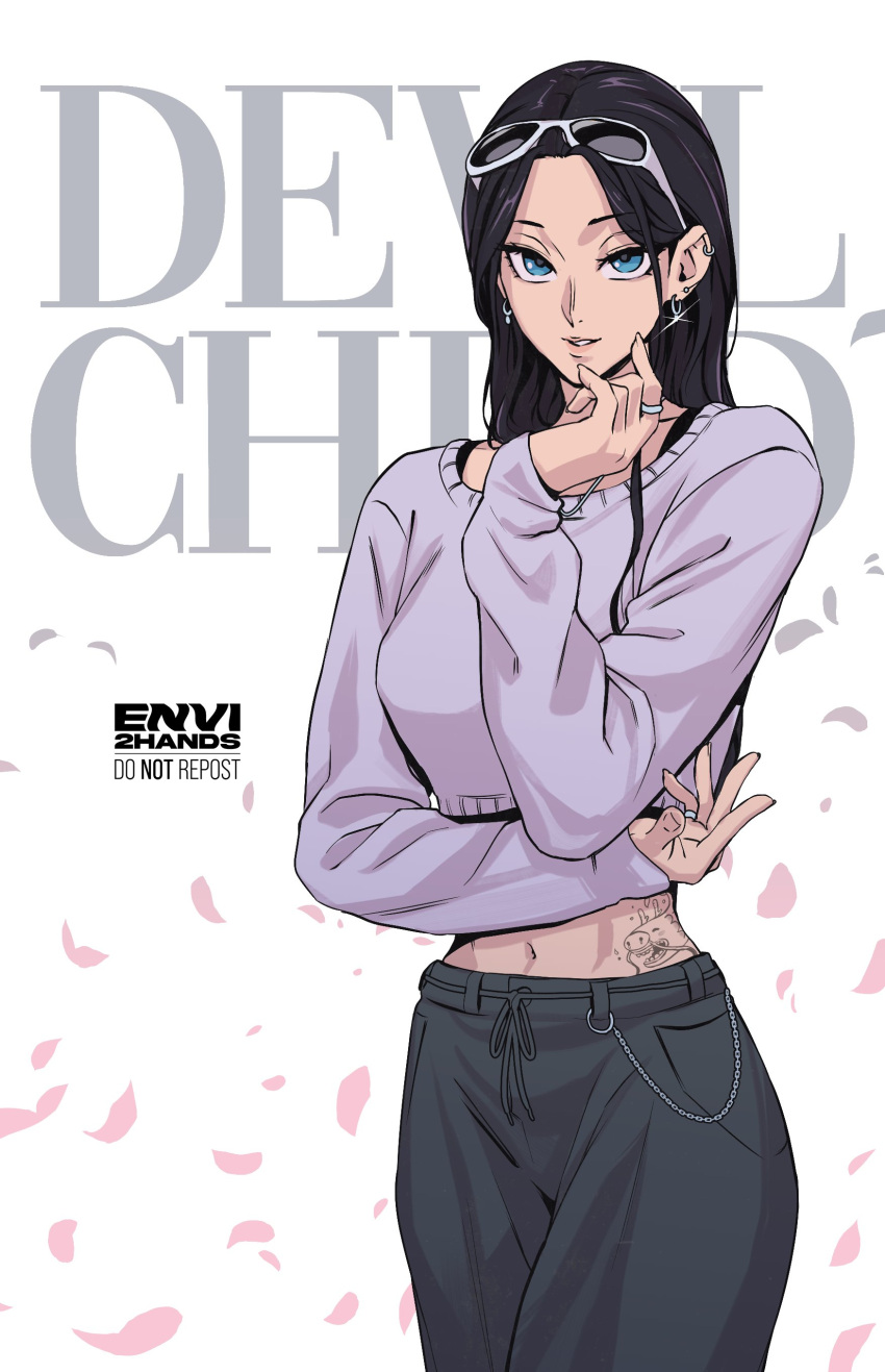 1girl, absurdres, black_hair, blue_eyes, chain, commentary, cowboy_shot, crop_top