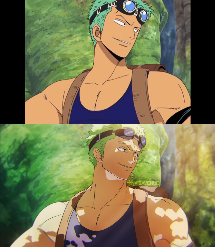 1boy, bag, blue_tank_top, commentary, derivative_work, english_commentary, envi2hands, goggles