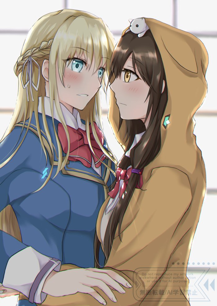 2girls, asakura_karen_(heaven_burns_red), black_hair, blonde_hair, blue_jacket, blush, bow, braid