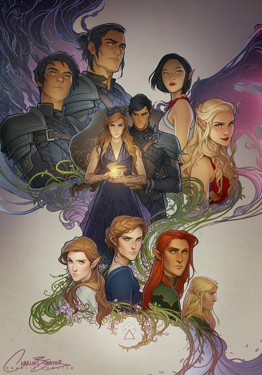 5boys, 5girls, a_court_of_thorns_and_roses_(series), amren_(acotar), armor, artist_logo, artist_name, azriel_(acotar), black_hair, blonde_hair, braid, brown_hair, cassian_(acotar), charlie_bowater, commentary, dress, elain_archeron, english_commentary, feyre_archeron, hand_tattoo, highres, logo, long_hair, lucien_vanserra, morrigan_(acotar), multiple_boys, multiple_girls, nesta_archeron, pointy_ears, red_hair, rhysand_(acotar), signature, smile, tamlin_(acotar), tattoo, updo