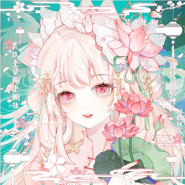 1girl, blue_background, bud, cherry_blossoms, china_dress, chinese_clothes, collared_dress, commission