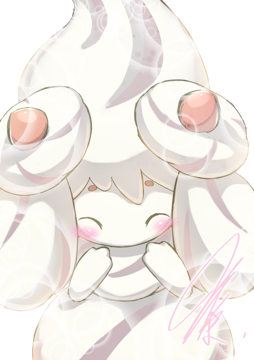 1girl, absurdres, alcremie, animal_hands, blurry, blush, bokeh, clenched_hands