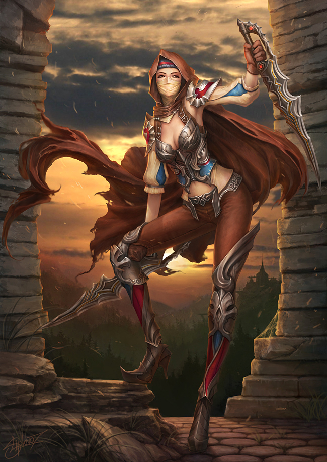 breasts, cleavage, cloak, copyright_request, dagger, detached_sleeves, dual_wielding, gloves