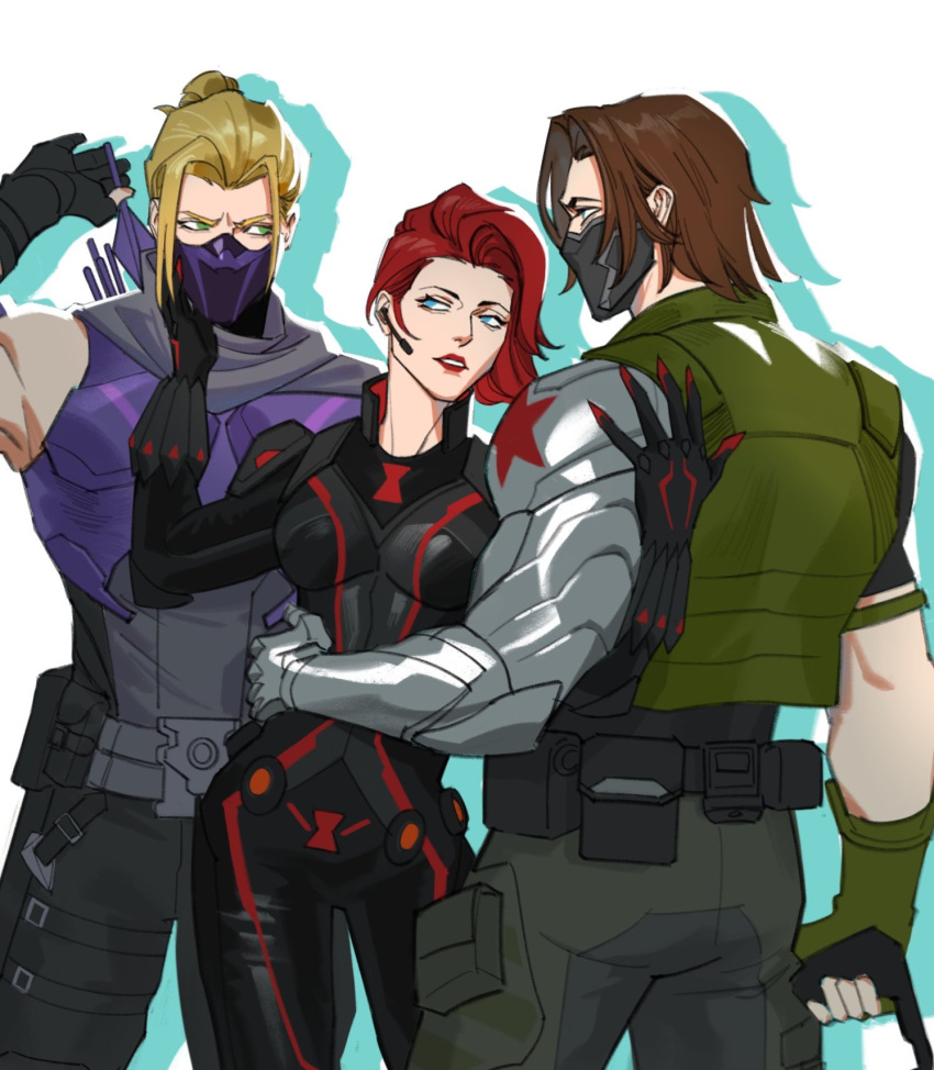 1girl, 2boys, allie_lynee, aqua_eyes, armor, arrow_(projectile), avengers_(series), back, black_bodysuit, black_gloves, black_mask, black_pants, black_shirt, black_widow, blonde_hair, blue_eyes, bodysuit, breasts, brown_hair, bucky_barnes, clint_barton, covered_mouth, cowboy_shot, earpiece, english_commentary, fingerless_gloves, gloves, green_eyes, green_vest, grey_scarf, hair_bun, hand_around_waist, hawkeye_(marvel), highres, holding, holding_arrow, looking_at_another, marvel, marvel_rivals, mask, medium_breasts, mouth_mask, multiple_boys, muscular, muscular_male, natasha_romanoff, pants, pocket, prosthesis, prosthetic_arm, purple_armor, purple_mask, red_hair, red_lips, scarf, shadow, shirt, short_hair, short_sleeves, sidelocks, simple_background, single_bare_shoulder, smile, standing, star_(symbol), superhero_costume, teeth, vest, white_background, winter_soldier