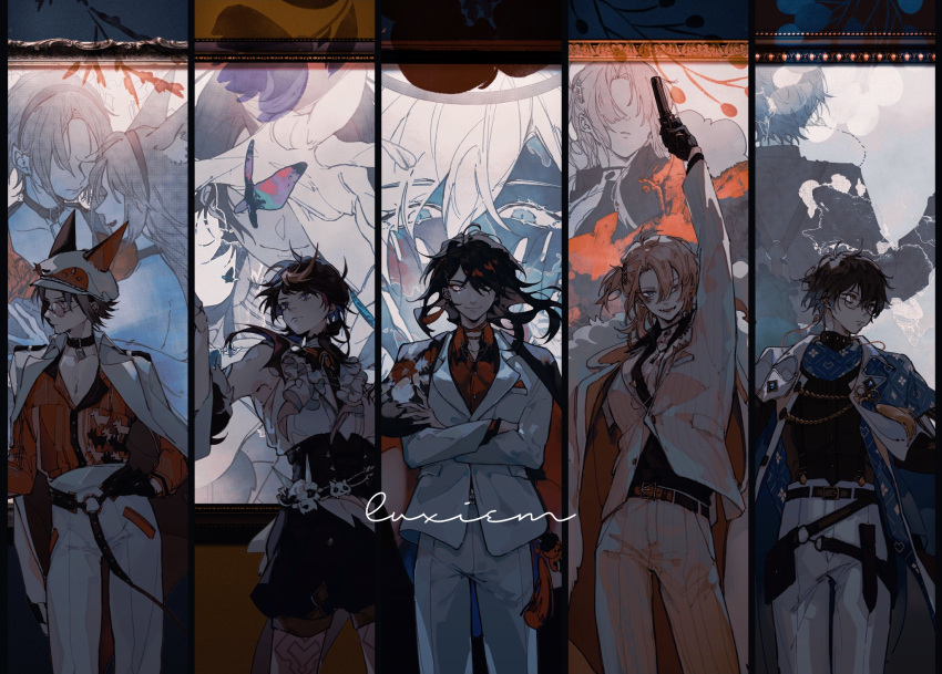 5boys, ;d, animal_ears, animal_hat, arm_up, belt, belt_buckle, belt_pouch