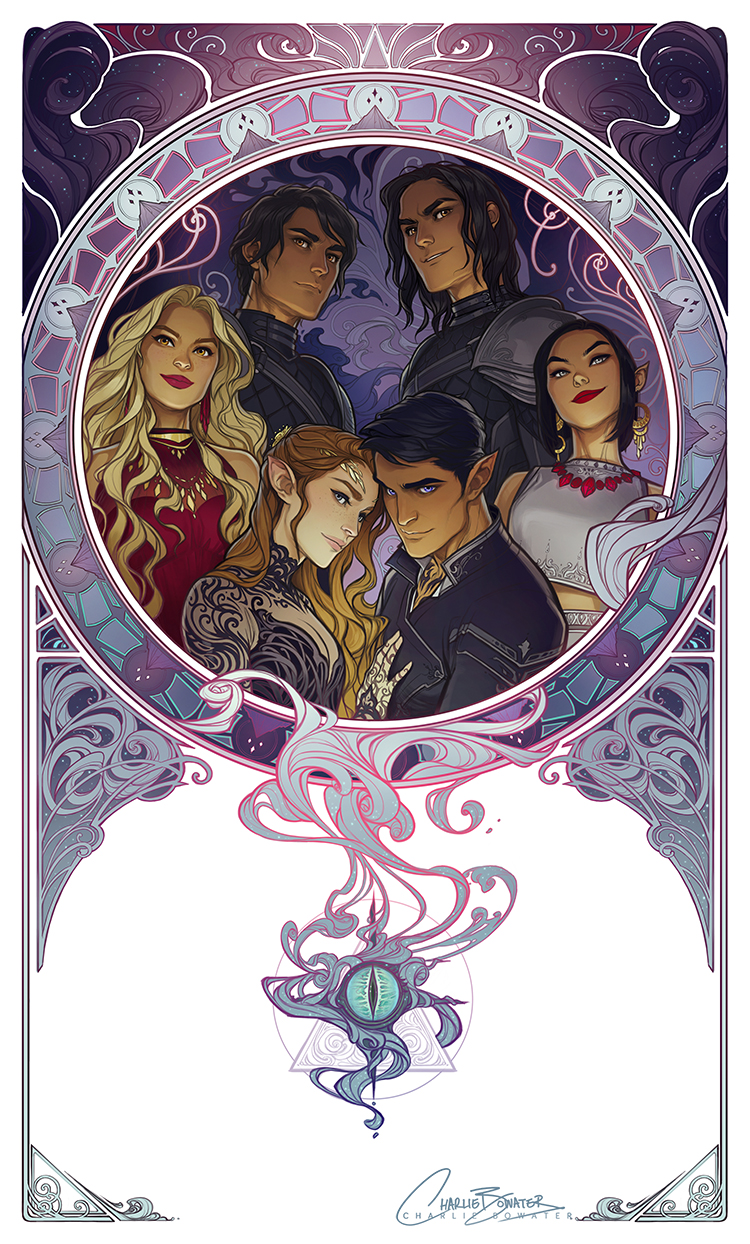 3boys, 3girls, a_court_of_thorns_and_roses_(series), amren_(acotar), artist_logo, artist_name, azriel_(acotar), black_hair, blonde_hair, blue_eyes, border, brown_eyes, brown_hair, cassian_(acotar), charlie_bowater, commentary, earrings, english_commentary, feyre_archeron, hair_ornament, hand_tattoo, highres, jewelry, logo, long_hair, looking_at_viewer, morrigan_(acotar), multiple_boys, multiple_girls, ornate_border, pointy_ears, rhysand_(acotar), short_hair, signature, smile, tattoo, violet_eyes