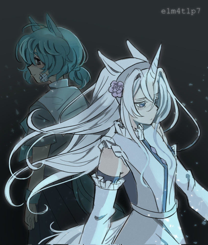 2girls, ahoge, animal_ears, aqua_hair, armband, bandage_on_face, bandages, blue_eyes