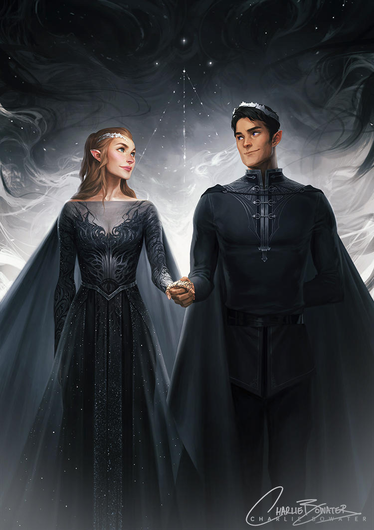 1boy, 1girl, a_court_of_thorns_and_roses_(series), artist_logo, artist_name, black_dress, black_hair, black_pants