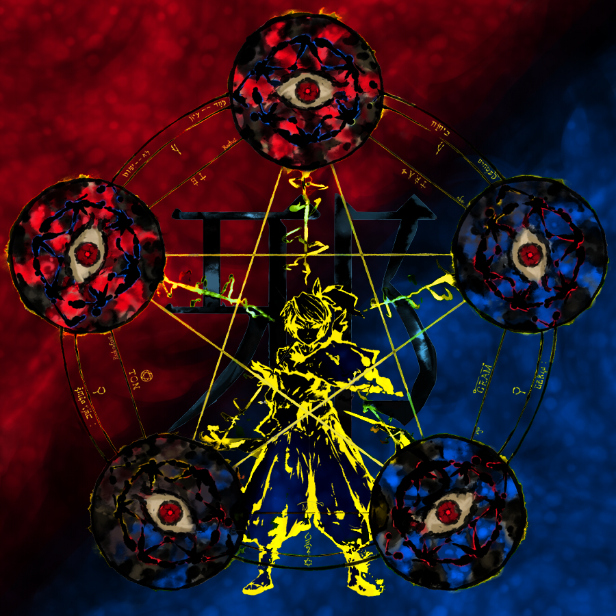 eyes, magic_circle, outline, pentagram, solo, toritoma_(sweetandsour), touhou, touhou_(pc-98), yuugenmagan