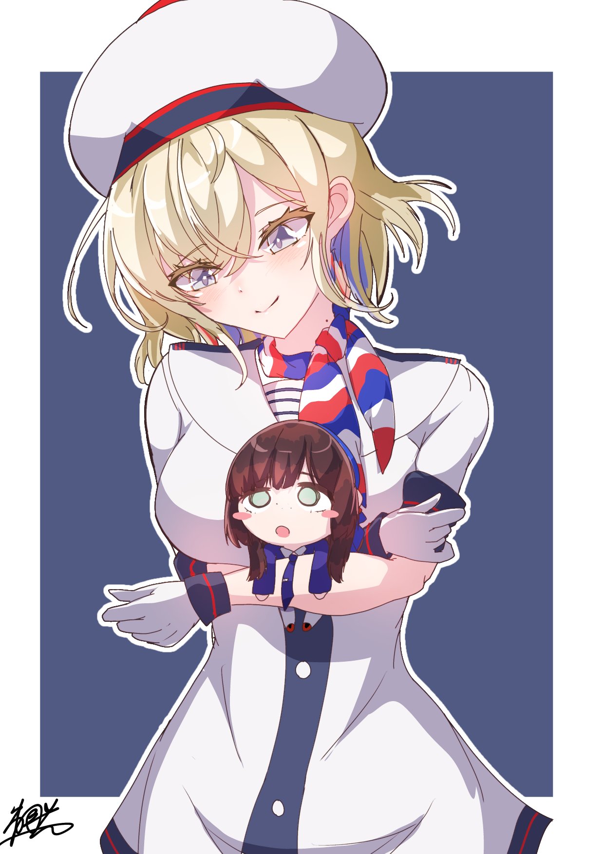 2girls, akatsuki_hikaru, beret, blonde_hair, blue_eyes, blue_hair, blush_stickers, chibi