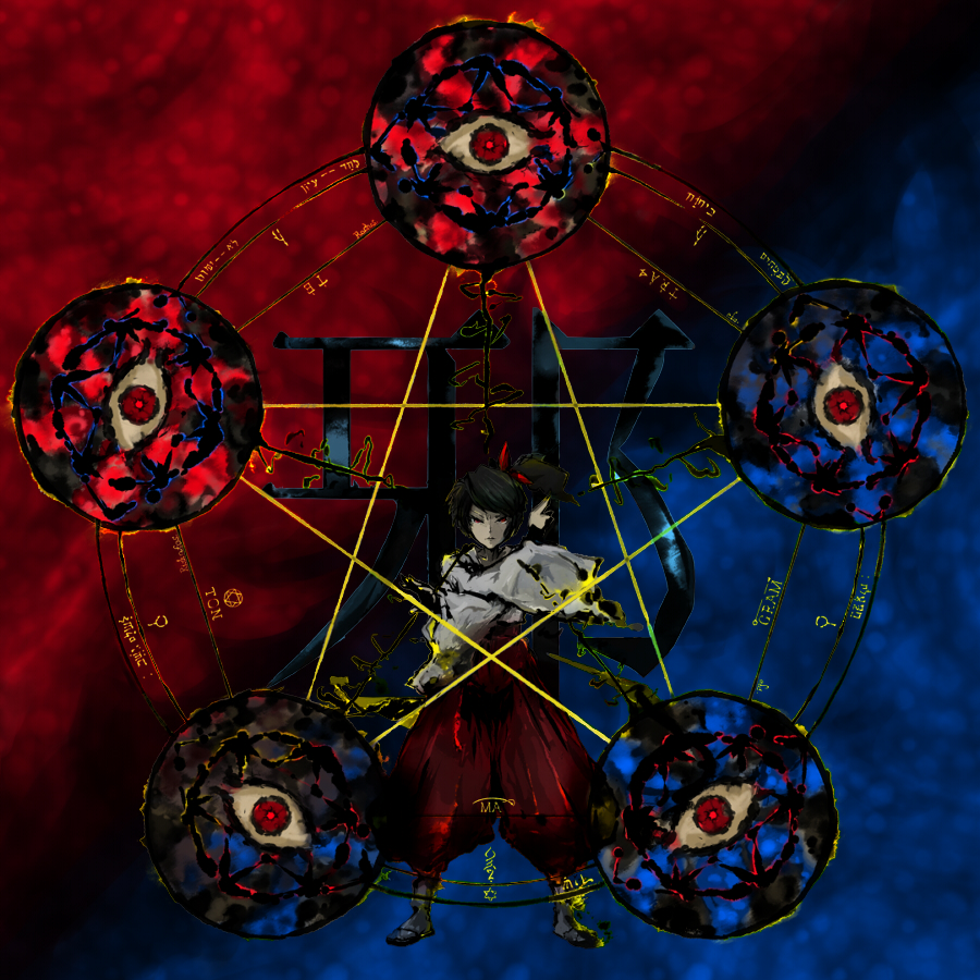 bow, eyes, hair_bow, hakama, japanese_clothes, magic_circle, pentagram, ponytail