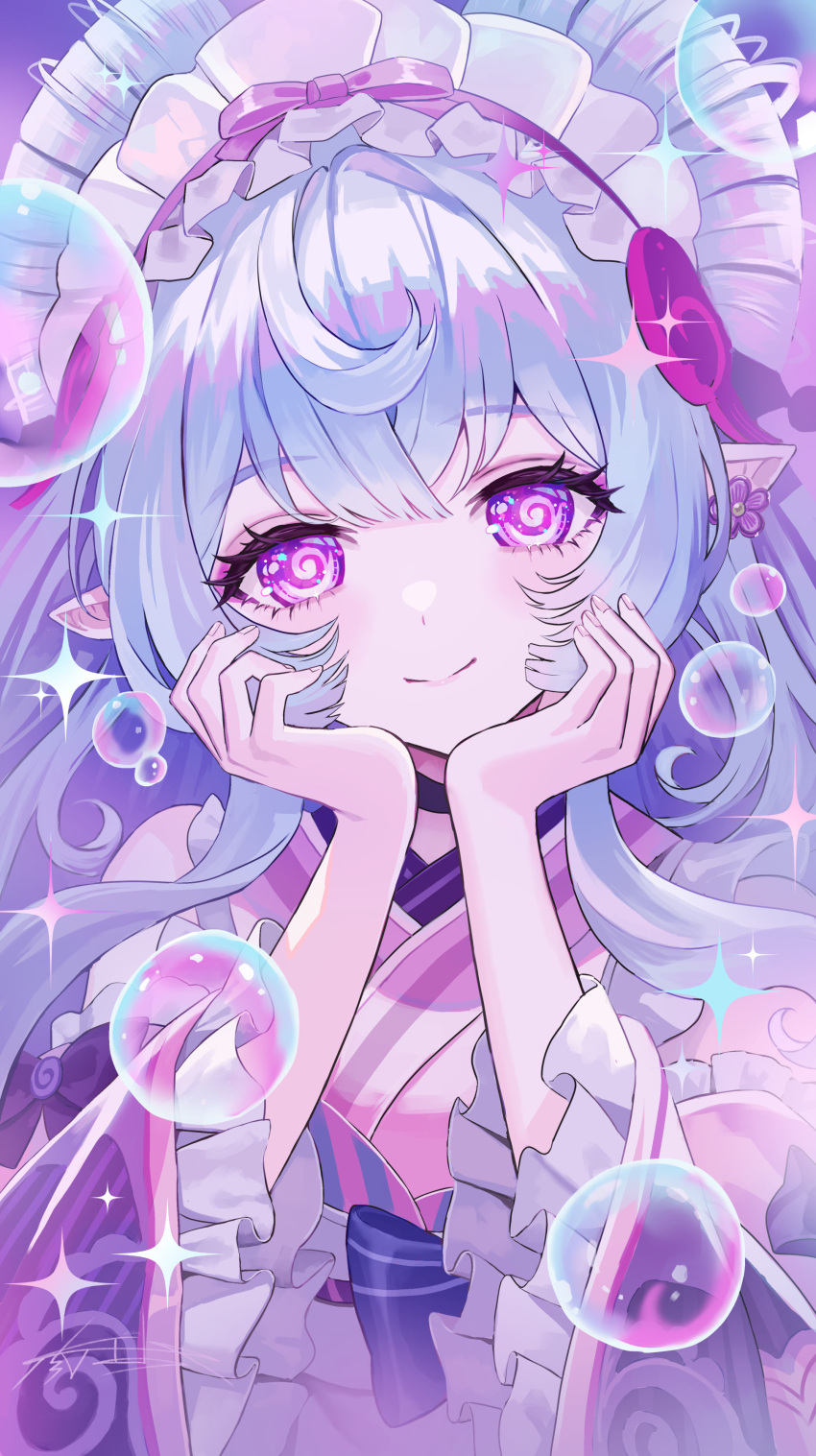1girl, absurdres, bare_shoulders, blue_hair, bubble, closed_mouth, commentary_request, detached_sleeves