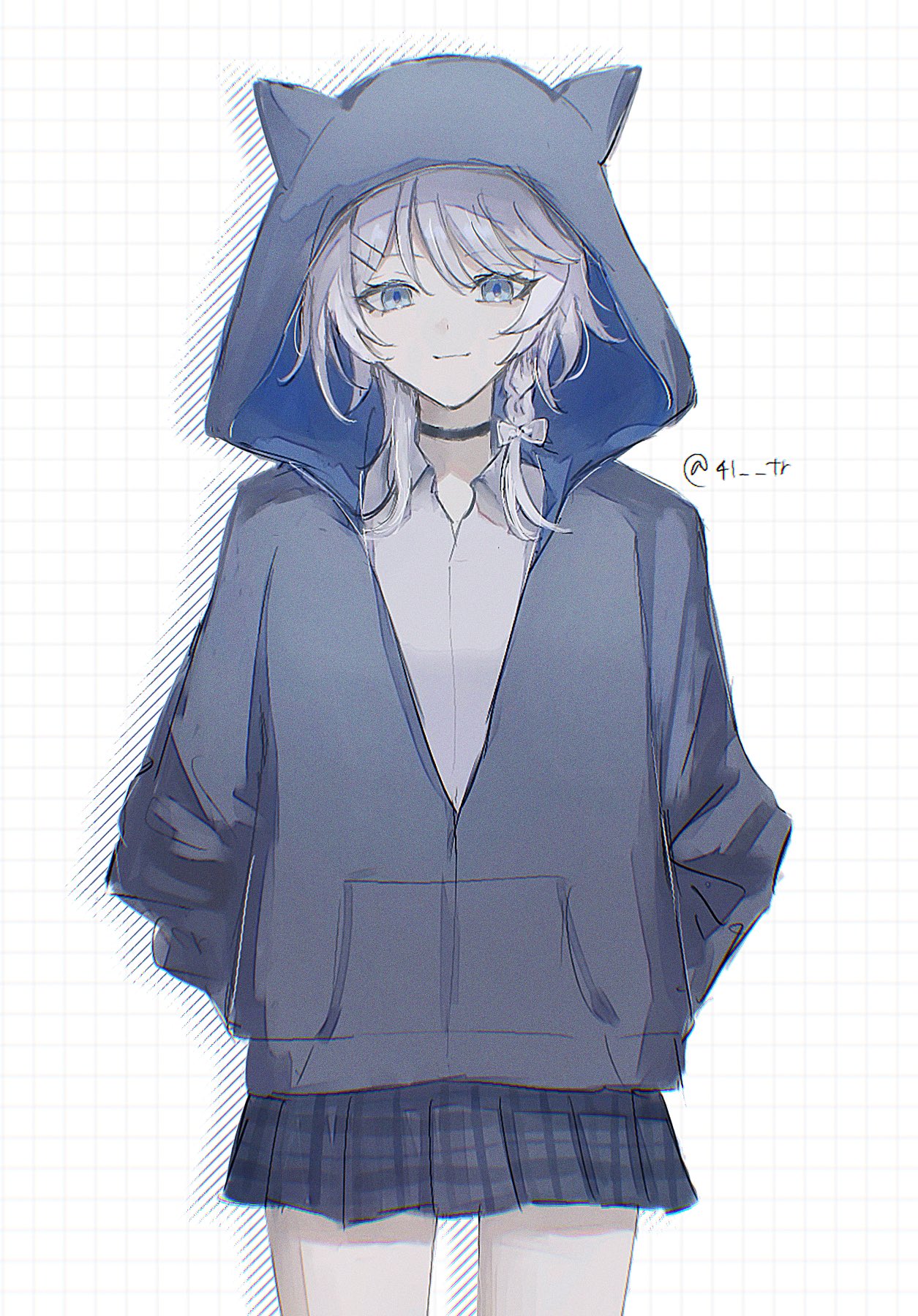 1girl, 41_tr, alternate_costume, animal_hood, black_choker, blue_eyes, cat_girl, cat_hood