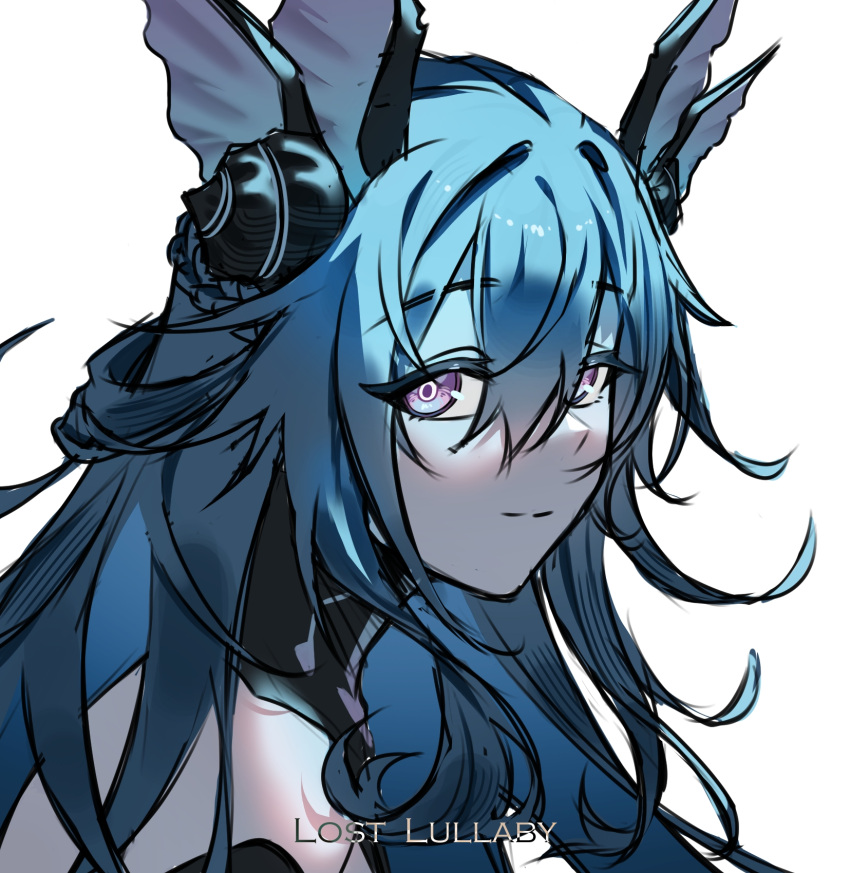 1girl, blue_hair, c0ffeenn, character_name, closed_mouth, detached_collar, fins, hair_between_eyes