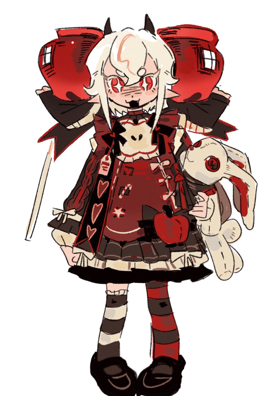 black_horns, candy_apple, candy_apple_cookie, candy_apple_hair_ornament, cnggu13, colored_eyelashes, cookie_run, cookie_run:_kingdom, food, highres, holding, holding_stuffed_toy, horns, humanization, pointy_ears, red_eyes, striped_clothes, striped_thighhighs, stuffed_animal, stuffed_rabbit, stuffed_toy, thigh-highs, white_eyelashes, white_hair