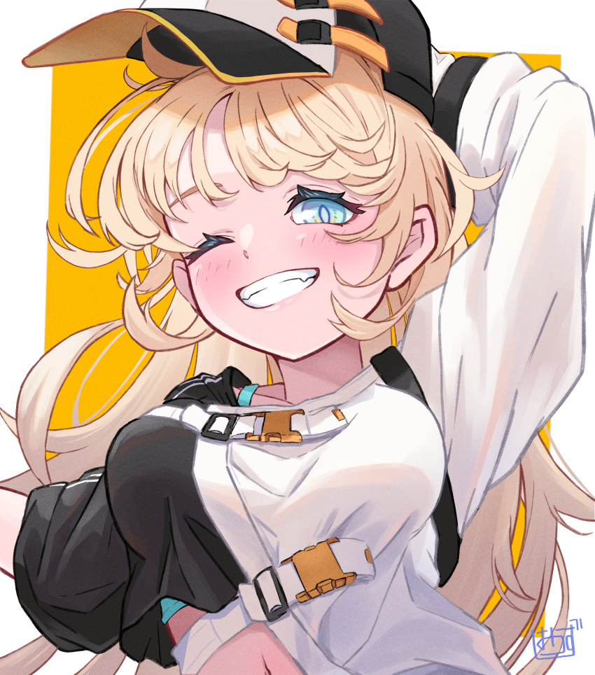 1girl, absurdres, arm_up, blonde_hair, blush, border, commentary_request, green_eyes