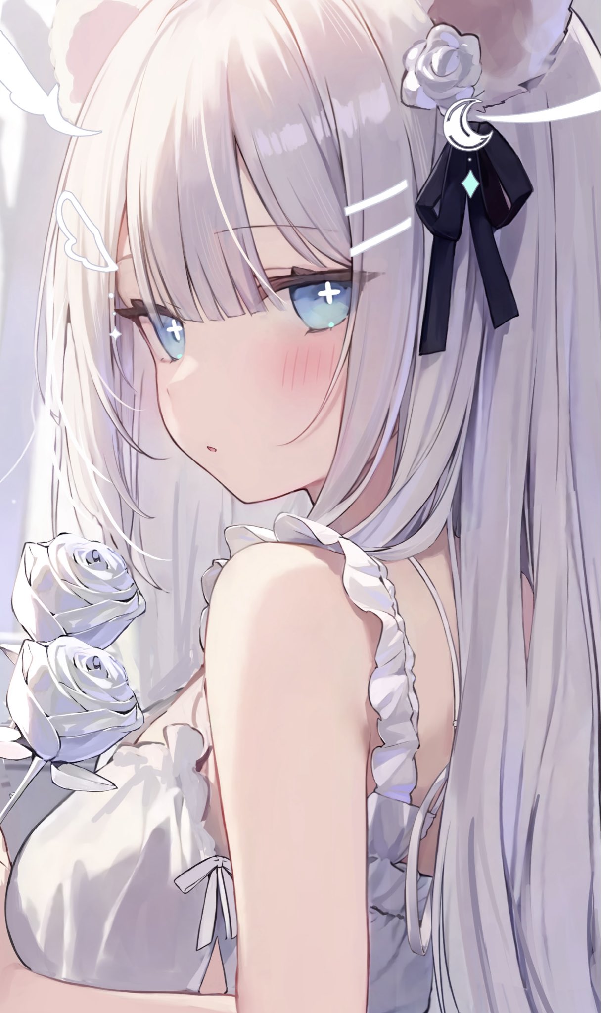 1girl, animal_ears, bear_ears, bear_girl, black_ribbon, blue_eyes, blunt_bangs, character_request, cross-shaped_pupils, flower, frilled_straps, frills, hair_flower, hair_ornament, hair_ribbon, hairclip, hakua_aa, highres, long_hair, original, ribbon, solo, symbol-shaped_pupils, white_hair